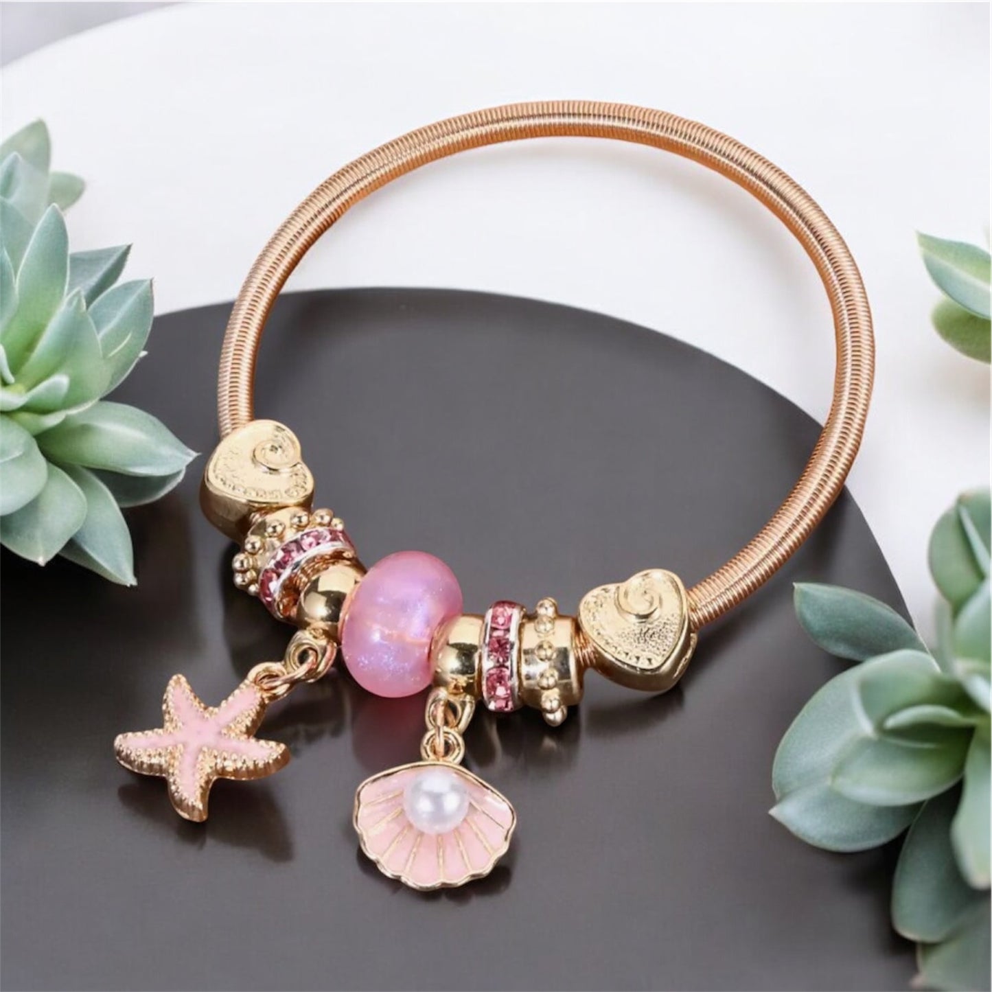 Pink Starfish & Shell Charm Stretchable Bracelet