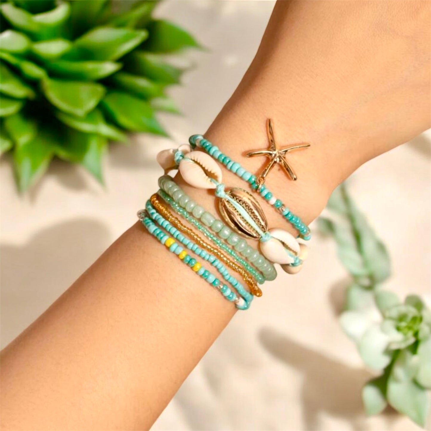 Bohemian Shell & Starfish Bead Bracelet Pack - Turquoise