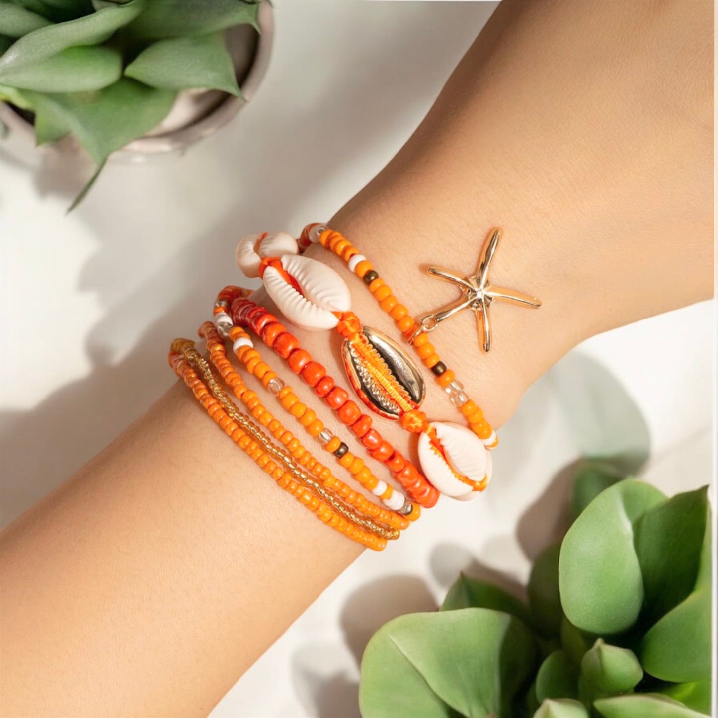 Bohemian Shell & Starfish Bead Bracelet Pack - Orange