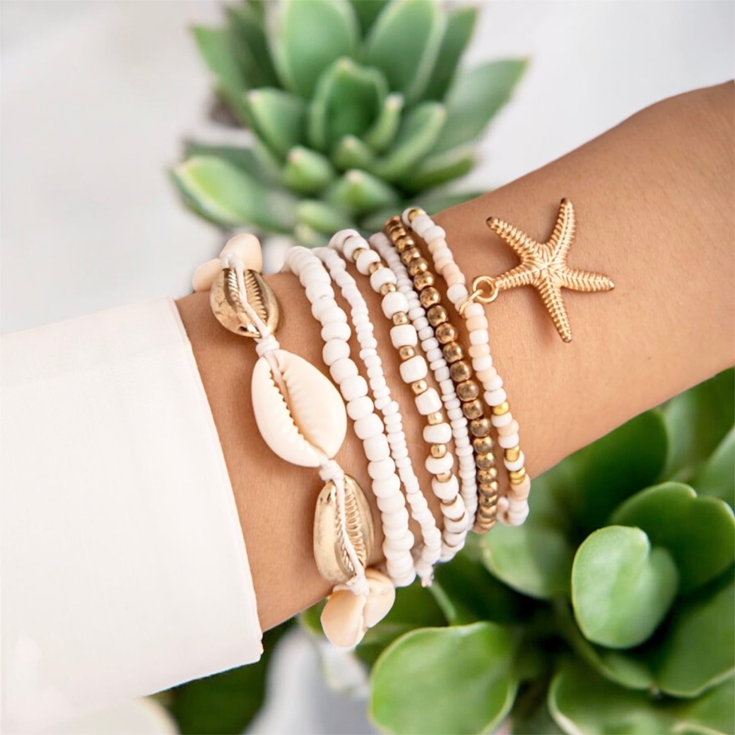 Bohemian Shell & Starfish Bead Bracelet Pack - Gold White