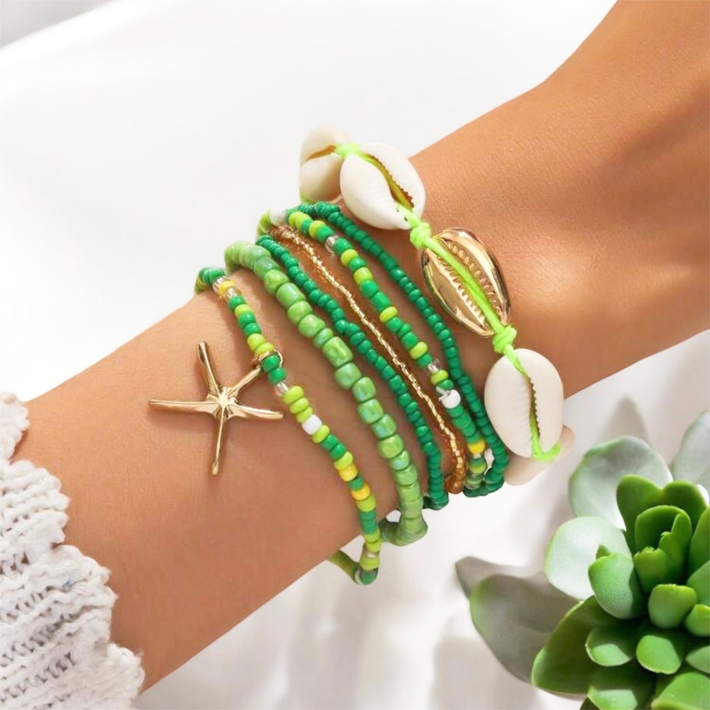 Bohemian Shell & Starfish Bead Bracelet Pack - Green