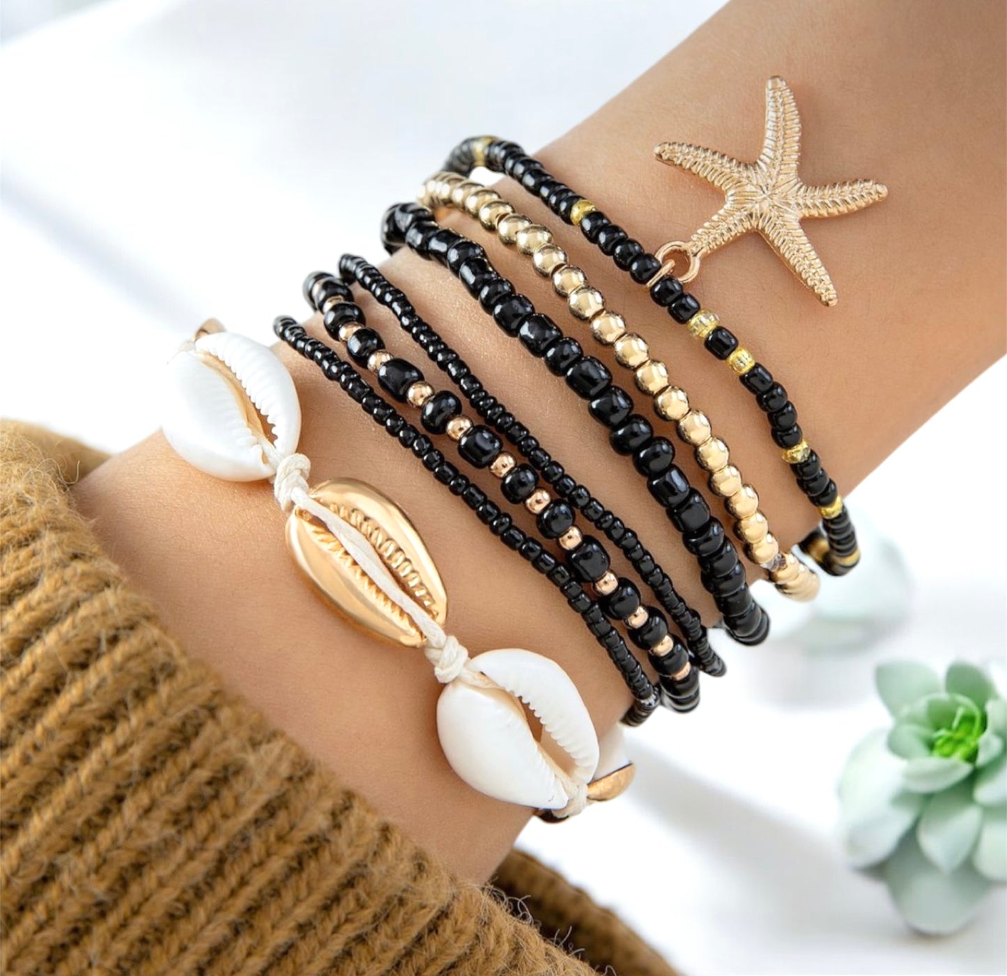 Bohemian Shell & Starfish Bead Bracelet Pack - Black