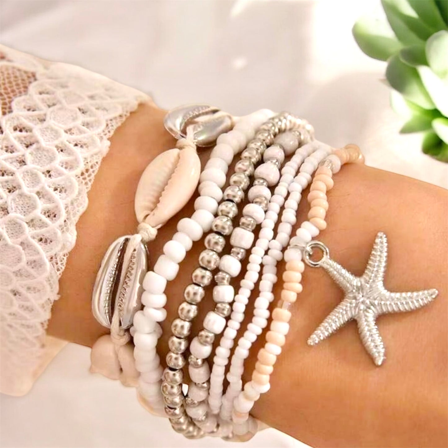 Bohemian Shell & Starfish Bead Bracelet Pack - Silver White