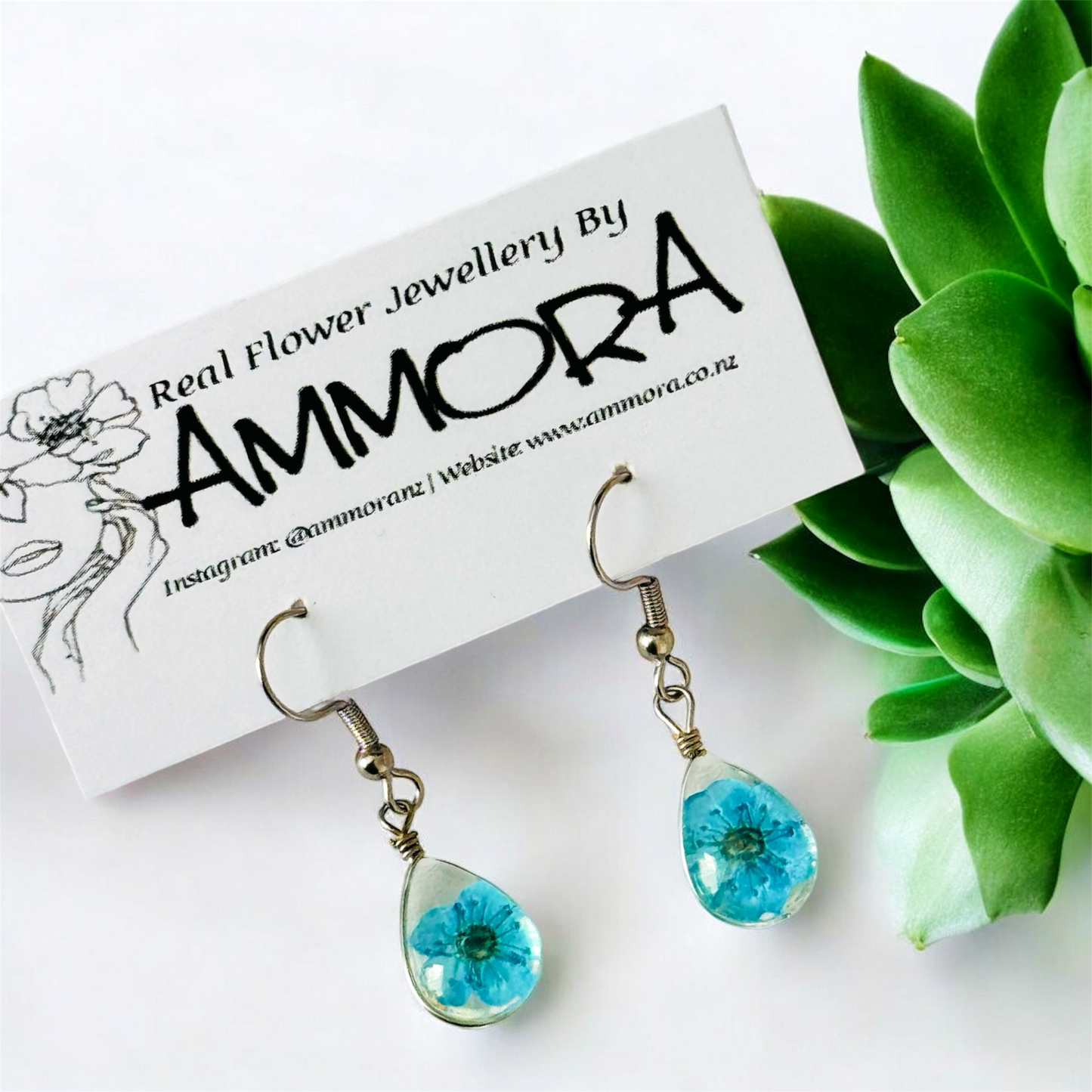 Blue Water-Drop Real Flower Earrings