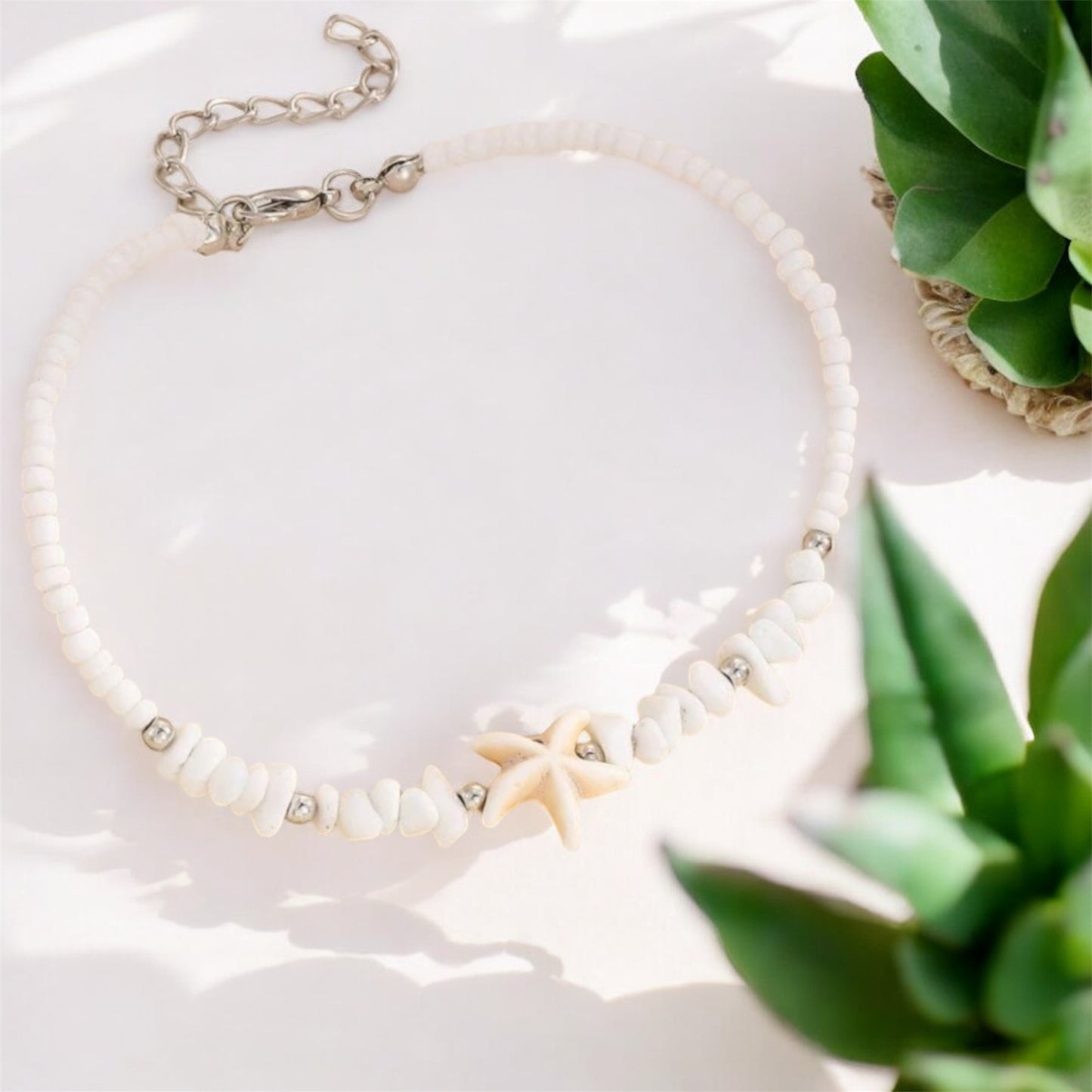 Starfish Decor White Beaded Anklet