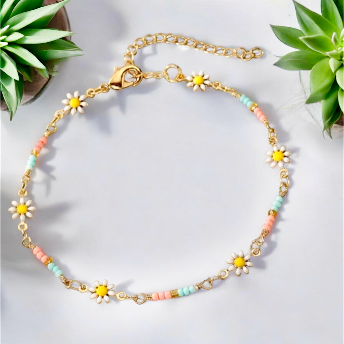 Pink & Blue Bead Daisy Anklet