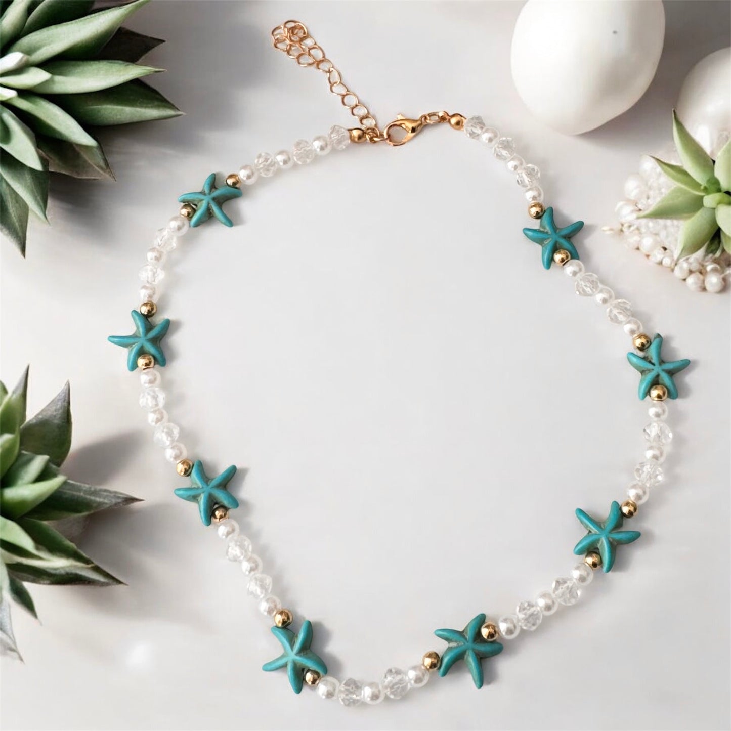 Pearl & Starfish Necklace - Blue