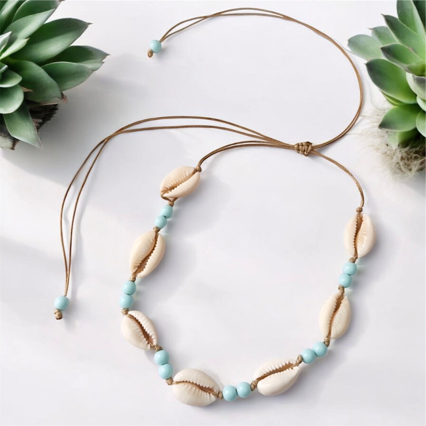 Shell & Bead Adjustable Necklace - Baby Blue