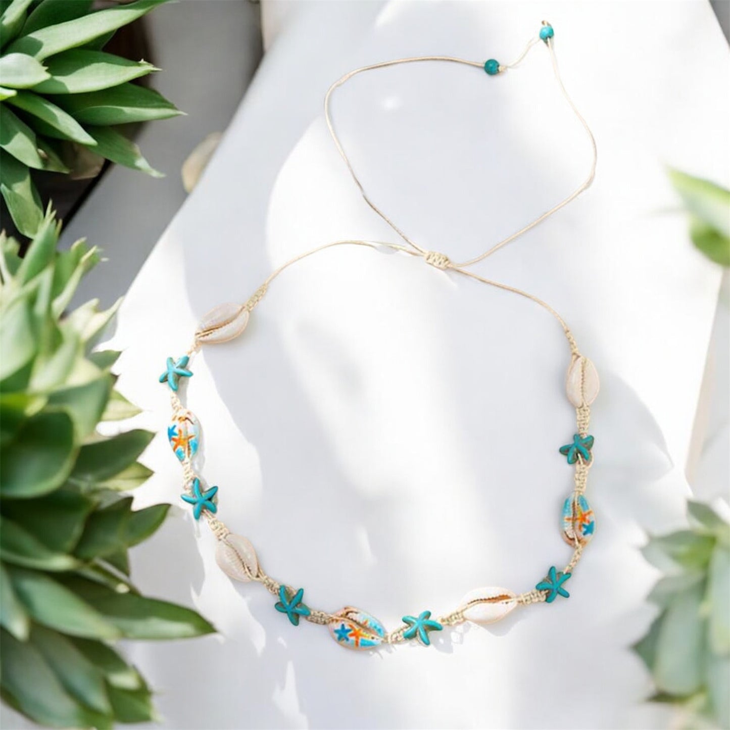 Printed Shell & Starfish Adjustable Necklace - Blue