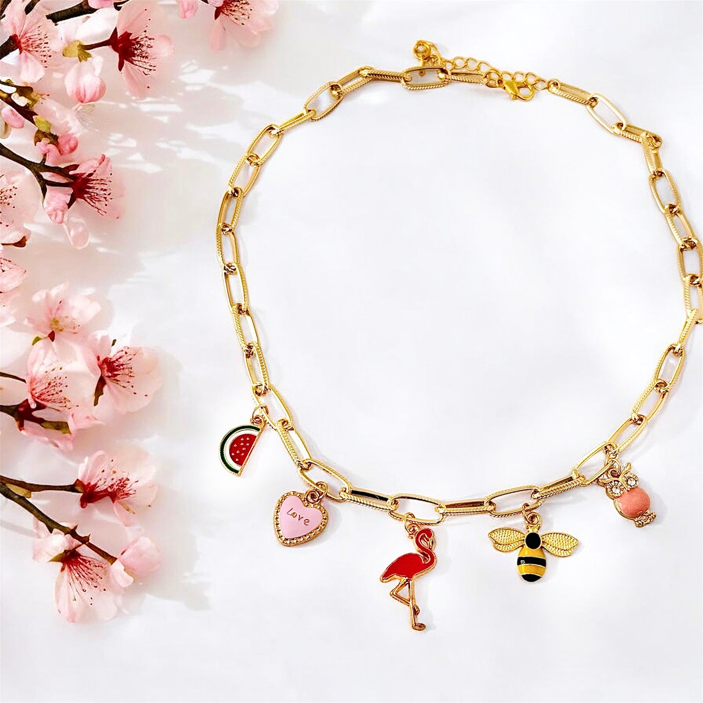 Bird ,Bee & Fruit Love Charm Necklace