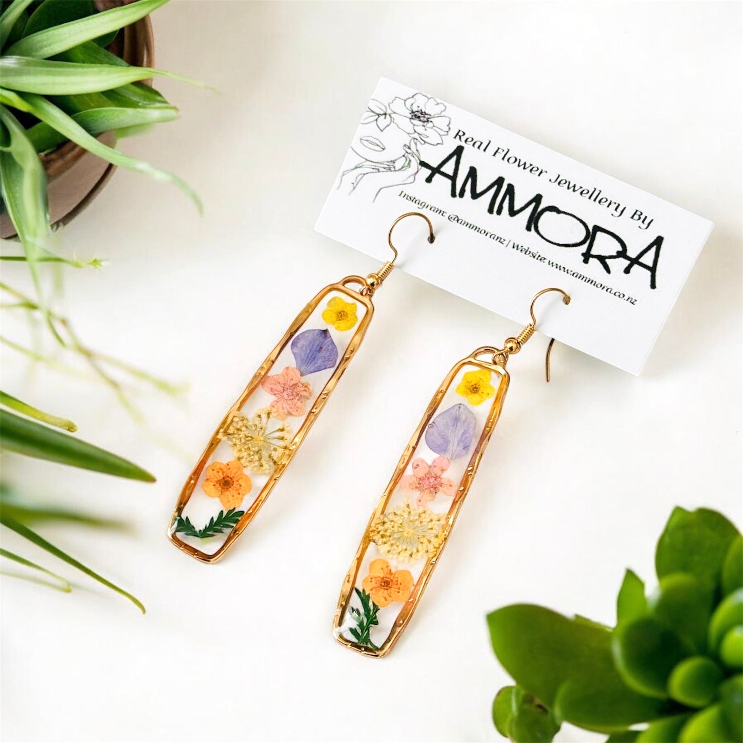 Rectangle Multi Real Flower Earrings