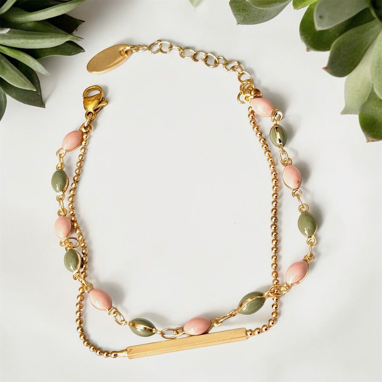Baby Pink & Green Layered Bracelet