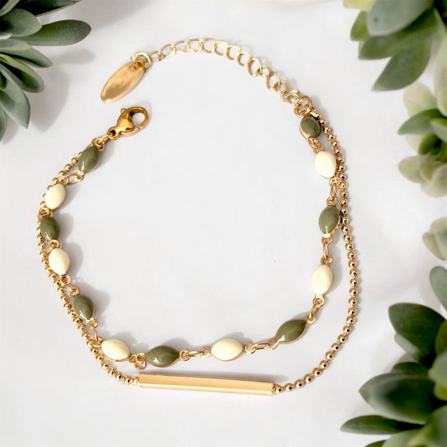 Beige & Green Layered Bracelet