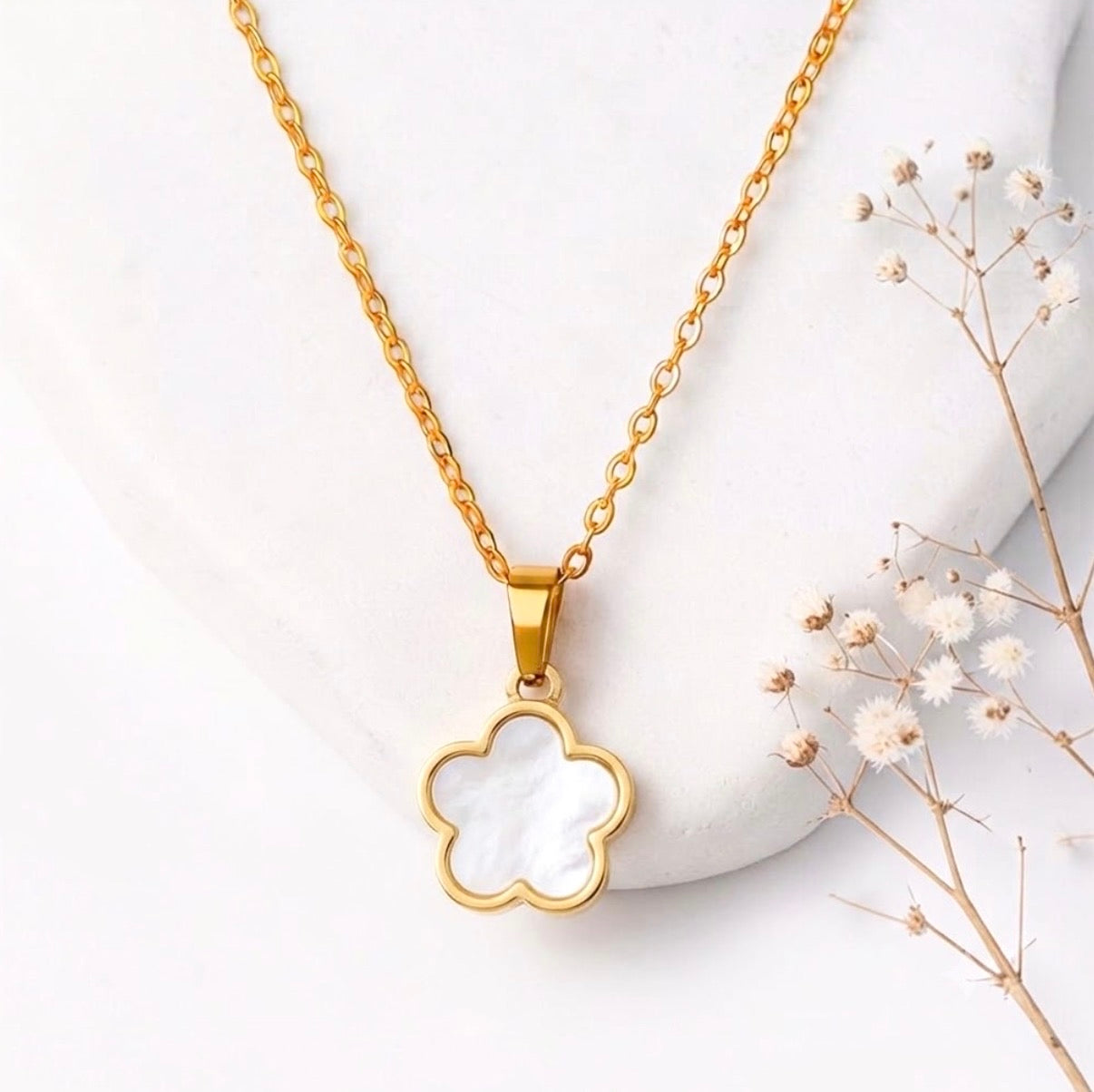 Five Leaf Clover Pendant Necklace - White