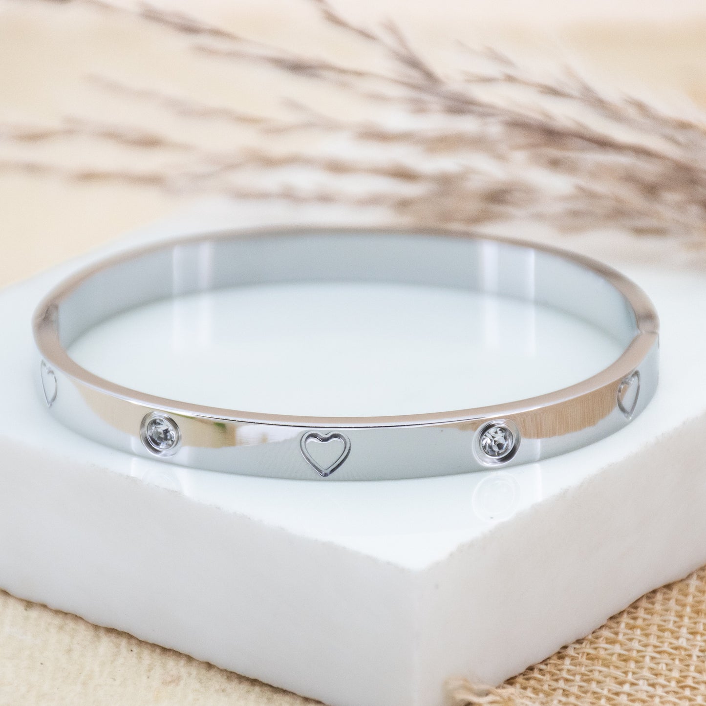 Heart & Diamond Bangle Bracelet - Silver