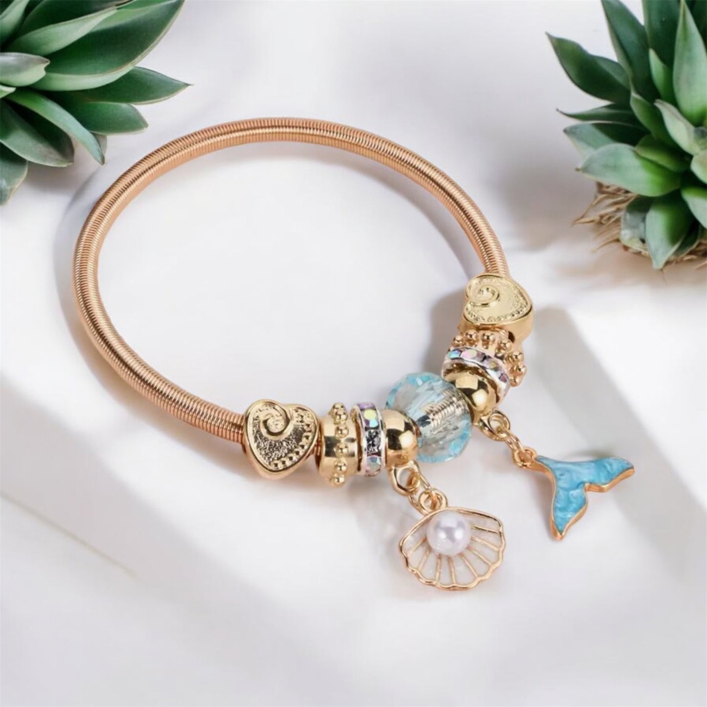 Blue Fishtail & Shell Charm Stretchable Bracelet
