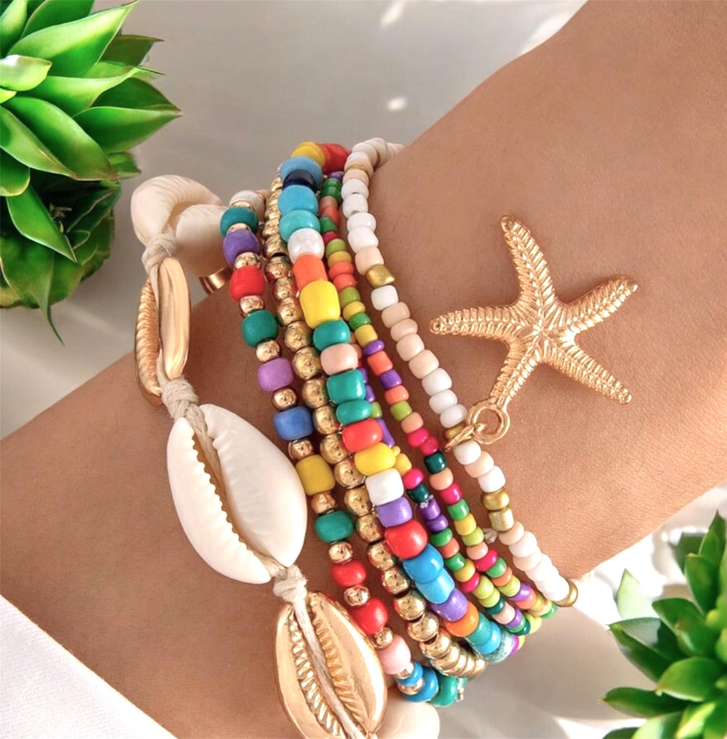 Bohemian Shell & Starfish Bead Bracelet Pack - Multi