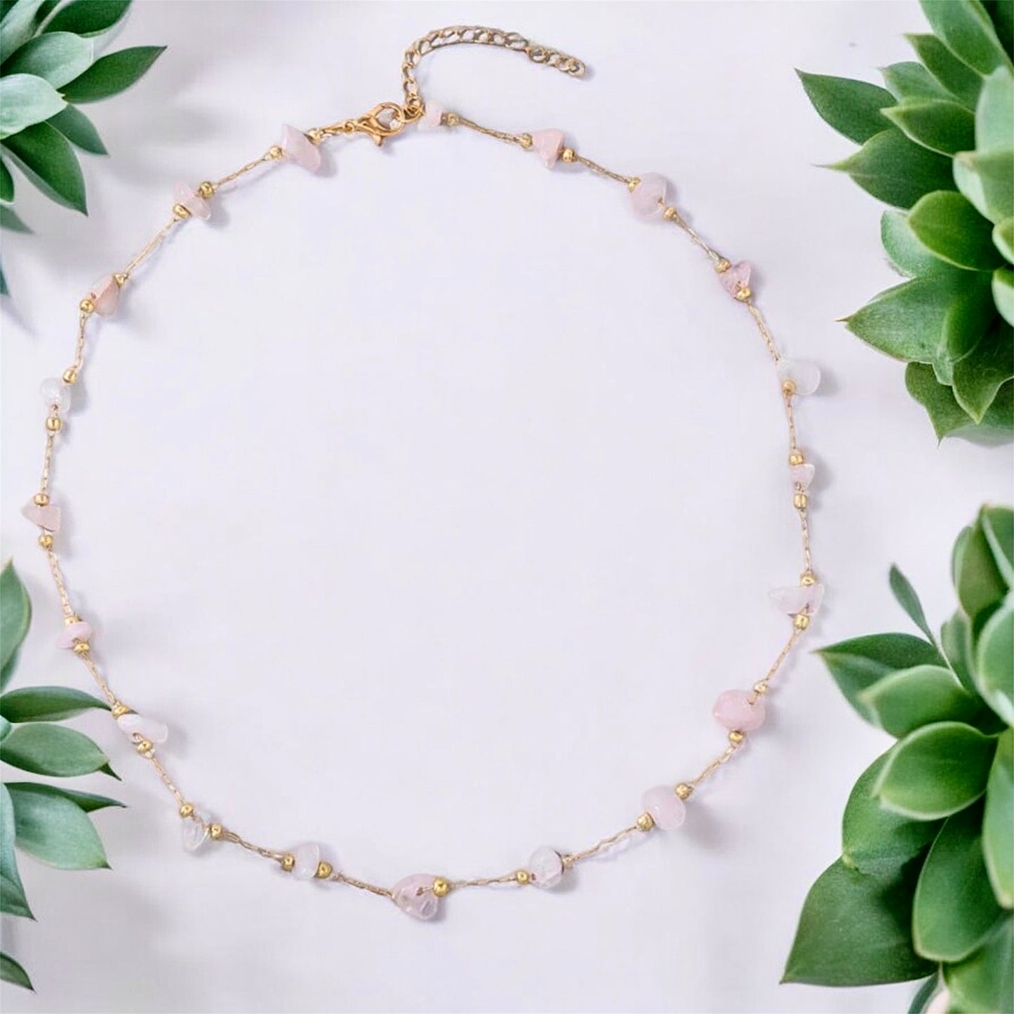 Crystal Stone Chain Necklace - Rose Quartz