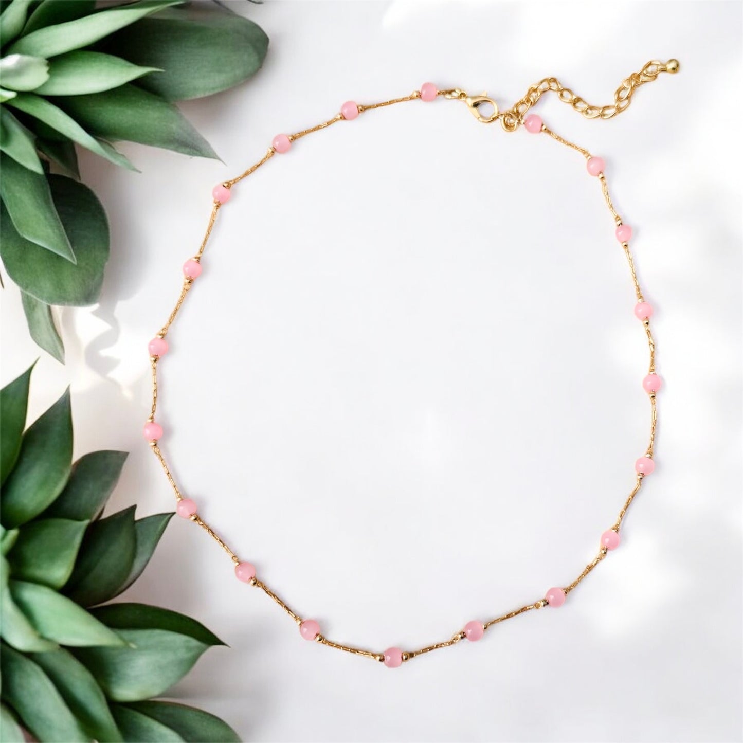 Glass Bead Chain Necklace - Baby Pink