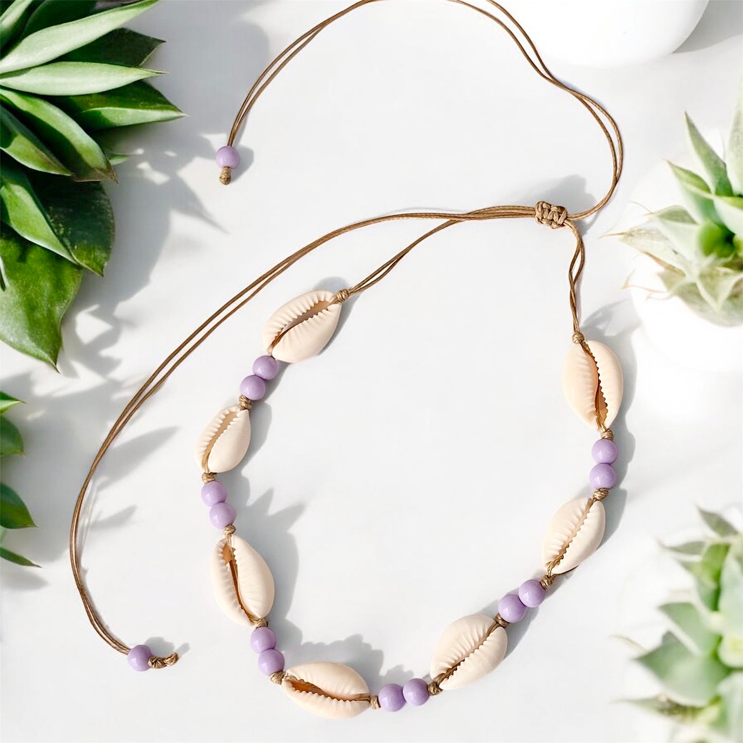 Shell & Bead Adjustable Necklace - Lavender