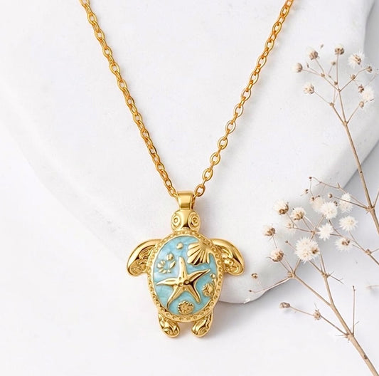 Tortoise Pendant Necklace - Turquoise Blue