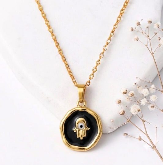 Hamsa Hand Evil Eye Pendant Necklace - Black