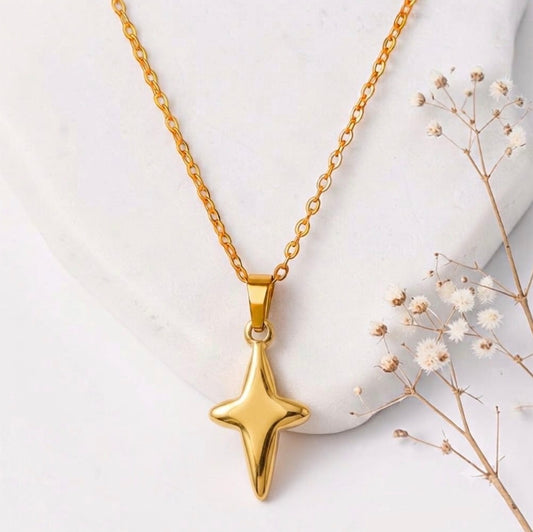 Four Pointed Star Cross Pendant Necklace - Gold