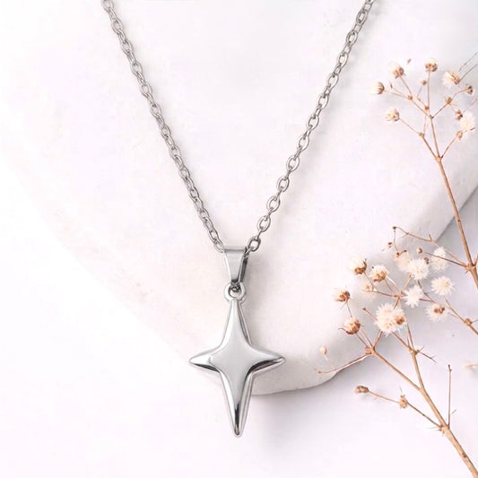 Four Pointed Star Cross Pendant Necklace - Silver