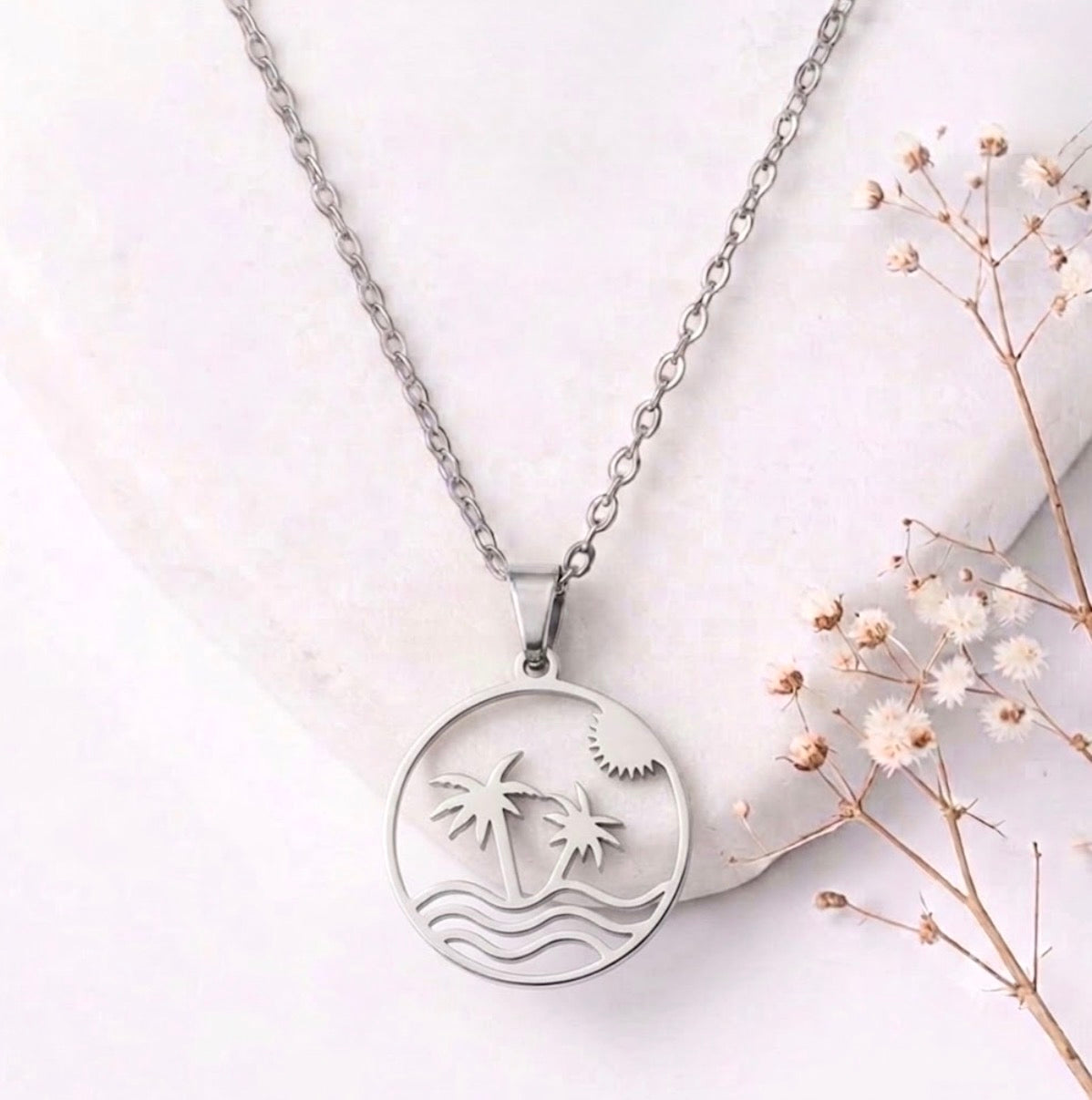 Beach Sunset Landscape Pendant Necklace - Silver