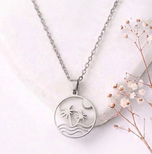 Beach Sunset Landscape Pendant Necklace - Silver