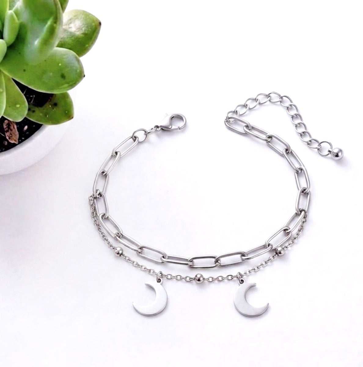 Double Layer Moon Charm Bracelet