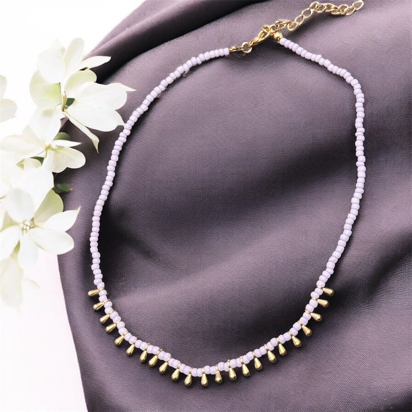 Teardrop Beaded Necklace - Lavender
